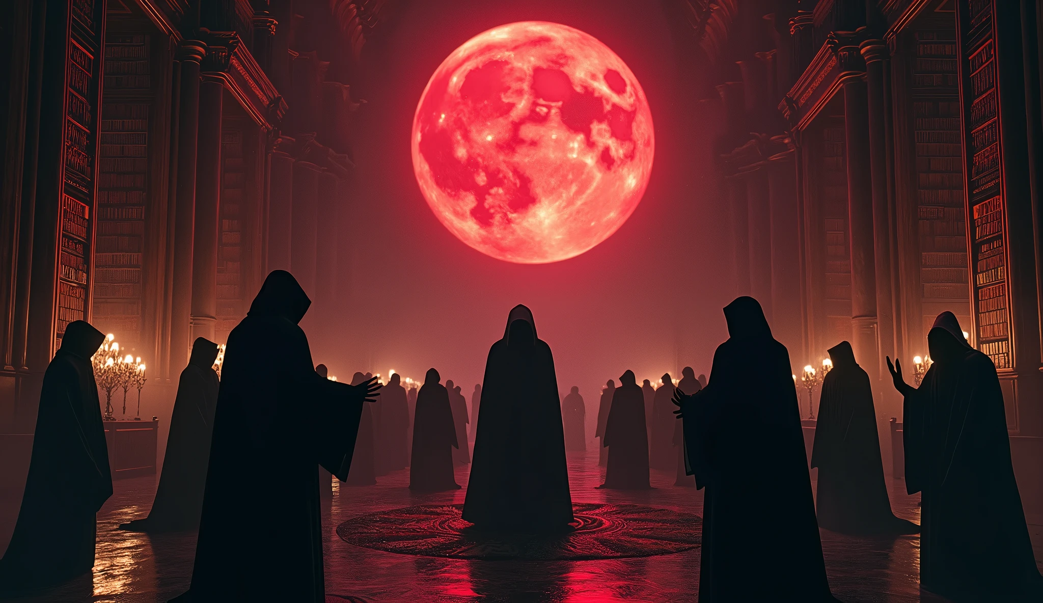8k、 big red moon ,zoom up(number々の賞を受賞したmasterpiece、Incredible detail、Texture、Maximum details),purple flame candle, (summoning magic),(The moonlight at night is beautiful), (Demon King's Castle),(dark organization)arafed image of a group of people in a church with candles,lit candle, dark cinematic concept art, elegant cinematic fantasy art, photorealistic dark concept art, by Beeple, dark robes, wojtek fus, gothic epic library concept, gothic epic library, epic cinematic concept art, dark concept art, Beeple and mike winkelmann, symmetrical epic fantasy art, High resolution, masterpiece, Highest quality, Intricate details, Very detailed, Clear focus, practical skin texture, texture, Shot with Canon, 85mm, Shallow and deep, Kodak Vision Color, Exactly, Very detailed, photograph_\(Extremist\), photographpractical, practical, Post-processing, Maximum details, Roughness, Real Life, Extremist practical, Photorealism, photographgraphy, 8K Ultra HD, photographgraphy