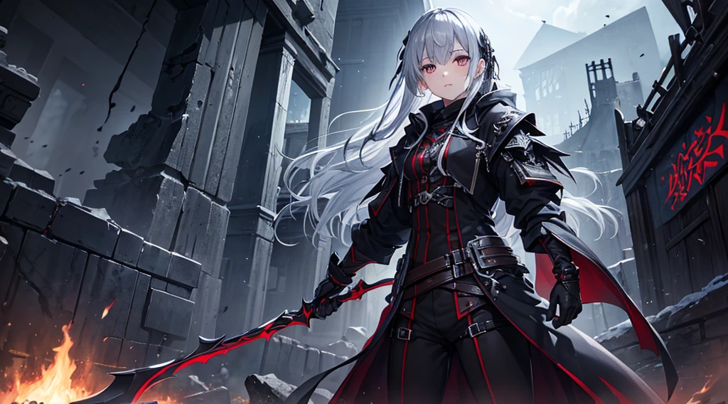 (最high quality、High resolution、Textured skin、high quality、Caution about scars、Precise CG unification、gameCG)、(One person)、grim Reaper、Silver Hair、Are standing、Ruined Castle、grim Reaperの鎌、Messenger of Destruction、Dark costume、Fighting