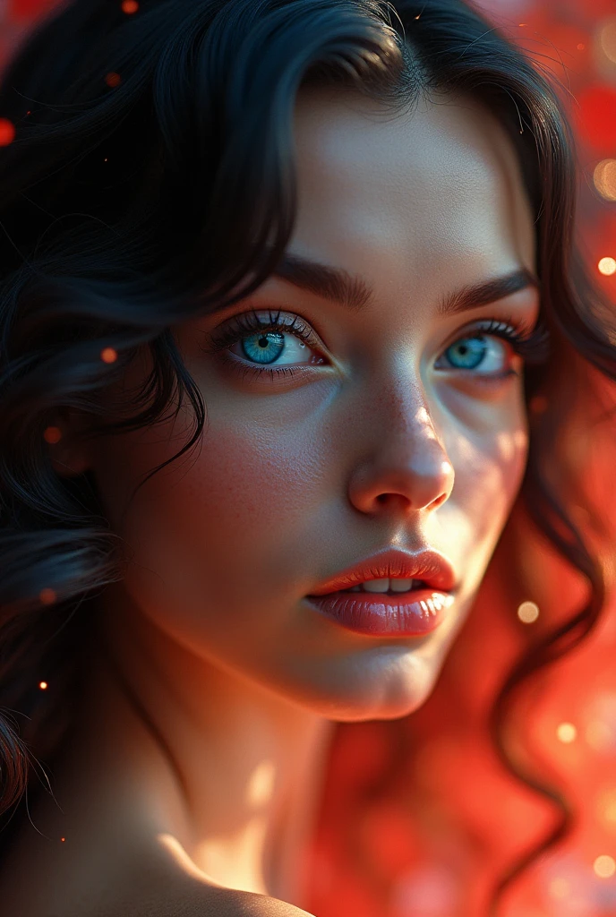 HD photo, INTENSE SAPPHIRE SKY BLUE EYES just the face of a beautiful Russian woman like Aphrodite, with black hair in waves and sapphire blue eyes as clear as the sky, SAPPHIRE BLUE EYES STAND OUT, with red and blue glow on the face, Looking forward in profile, that only his face is seen, In the background a beautiful place with red flashes, daylight glow, with shine in the air, LET YOUR EYES BE THE MOST IMPORTANT THING AND THE ONLY THING THE IMAGE FOCUS ON