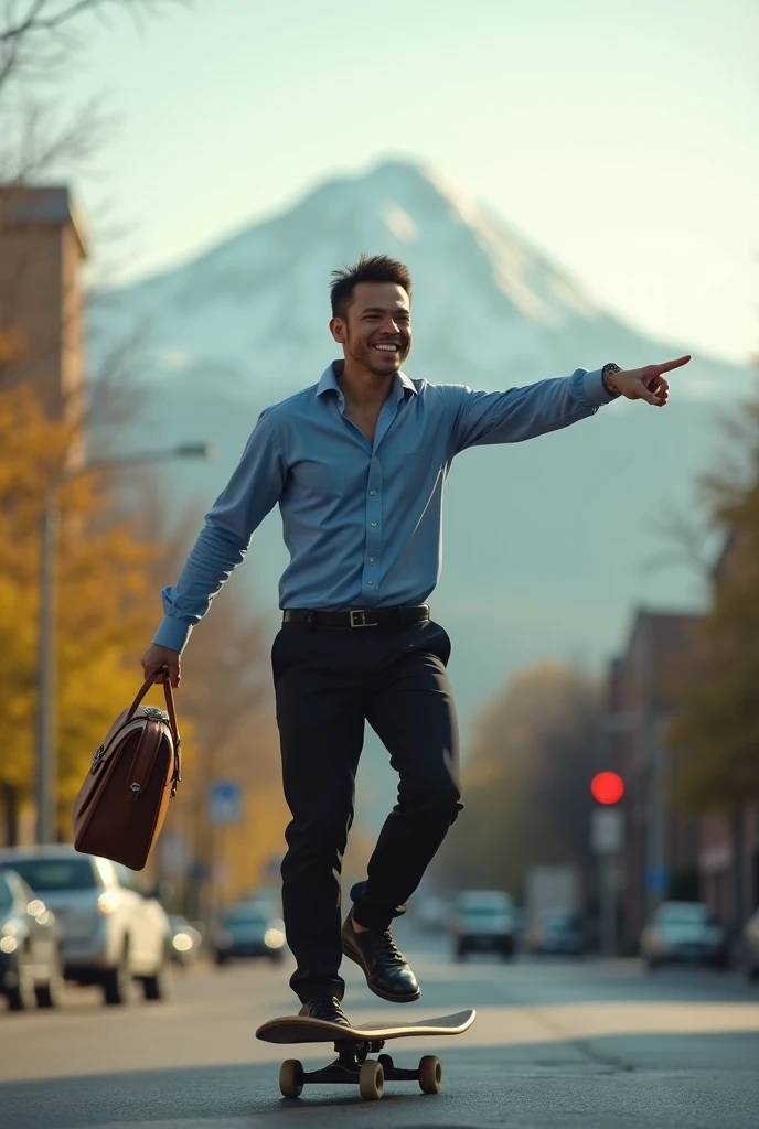 A real businessman (full body), he smile, his right hand holds the bag (high quality),He wearing a blue shirt and black pant, he playing skateboard(dinamic pose) on the middle of road, around, have a mountain in the background .at the morning(cinematic lighting)