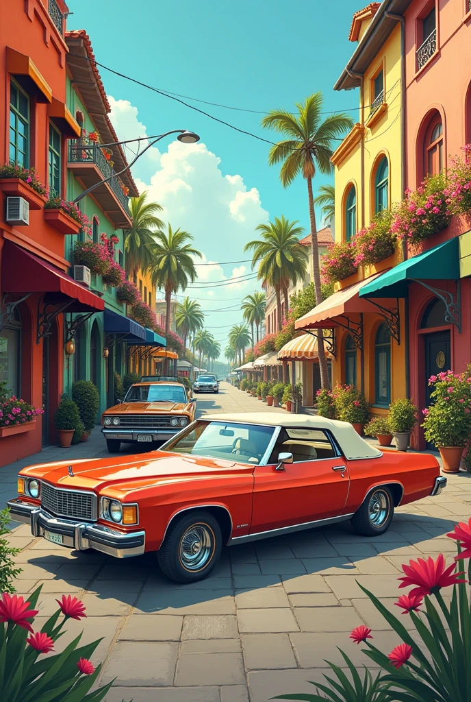 Vintage car on a street from the 70s with flowers, colourful drawing