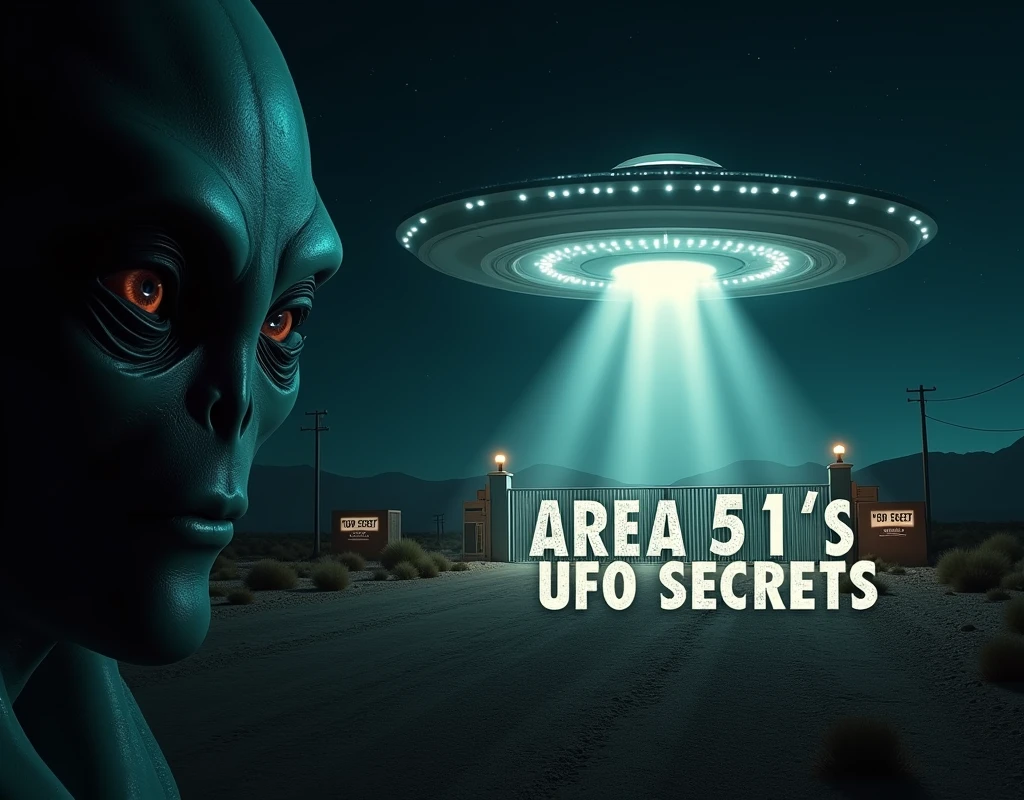 Create a captivating and attention-grabbing YouTube thumbnail for the video titled “Ancient Aliens: Inside Area 51’s UFO Secrets.” The background should show a dark desert landscape with the shadowy, heavily guarded Area 51 gates. In the sky, a large, glowing UFO with bright beams of light shines down dramatically, as if uncovering hidden secrets. Add a close-up of a mysterious alien face with glowing eyes in the corner, partially veiled in shadows for a chilling effect.

Place bold, glowing text “Area 51’s UFO Secrets” at the center, with a metallic or neon green/blue effect. Overlay elements like “Top Secret” stamps or redacted document lines to amplify the conspiracy vibe. The overall color scheme should be dark with bright, glowing highlights to create high contrast and draw immediate attention. Make the scene visually intense and mysterious, evoking curiosity and excitement.