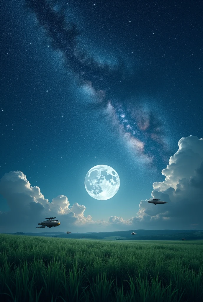 Starry night with massive stars and moon. With small flying vihecles. Photo taken in grass field without clouds