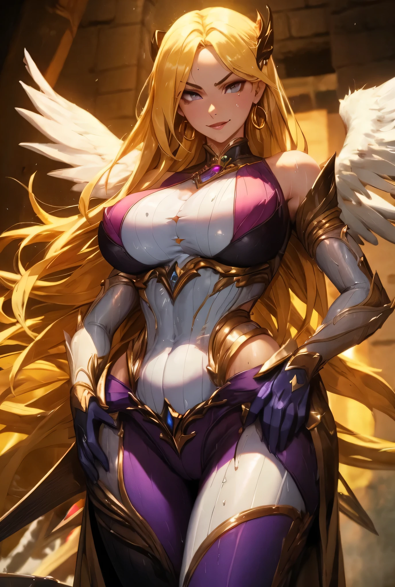 masterpiece,Soul Land_Qian Renxue,Raven suit ,best quality,dress,(gigantic breasts:1,5),(muscle:1,3),in dungeon, looking at viewer, cowboy shot,golden hair, curvy, bule eyes,a female tyrant with a penchant for torture,fog,drenched in sweat,pink cheeks,shiny suit ,smile, white teeth,gloomy light,balanced eyes,The two hands are interlaced in front of the chest,plump body,
