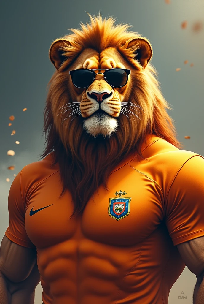 Make me a strong humanoid lion with an orange Dutch shirt and dark glasses with the phrase on top “another victory for the lion” in Portuguese