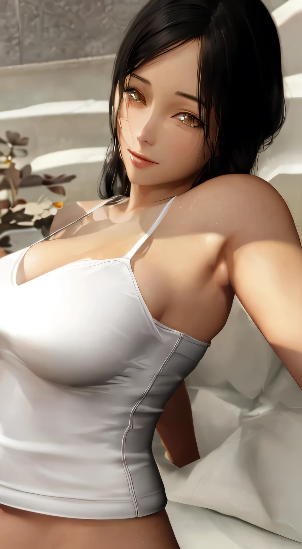there is a woman in a white top posing for a picture, photorealistic anime girl render, realistic shaded perfect body, rendered in sfm, highly detailed soft lighting, [ 4 k photorealism ]!!, [ 4 k photorealism ]!!!, tifa lockhart, 3 d anime realistic, seductive tifa lockhart portrait, tifa, weavy hair, realistic soft lighting, smooth skin, aroused armpits texture look, good eyes quality, yellow bright eyes color, pervy look, smile at the camera.