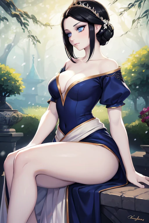 a beautiful young woman with jet black hair in an elegant updo, striking blue eyes, porcelain white skin, sitting in a lush garden, watching birds, serene expression, Disney-inspired snow white princess, detailed portrait, highly realistic, photorealistic, 8k, best quality, intricate details, glowing skin, soft lighting, warm colors, magical atmosphere, fantasy, dreamlike, elegant, graceful