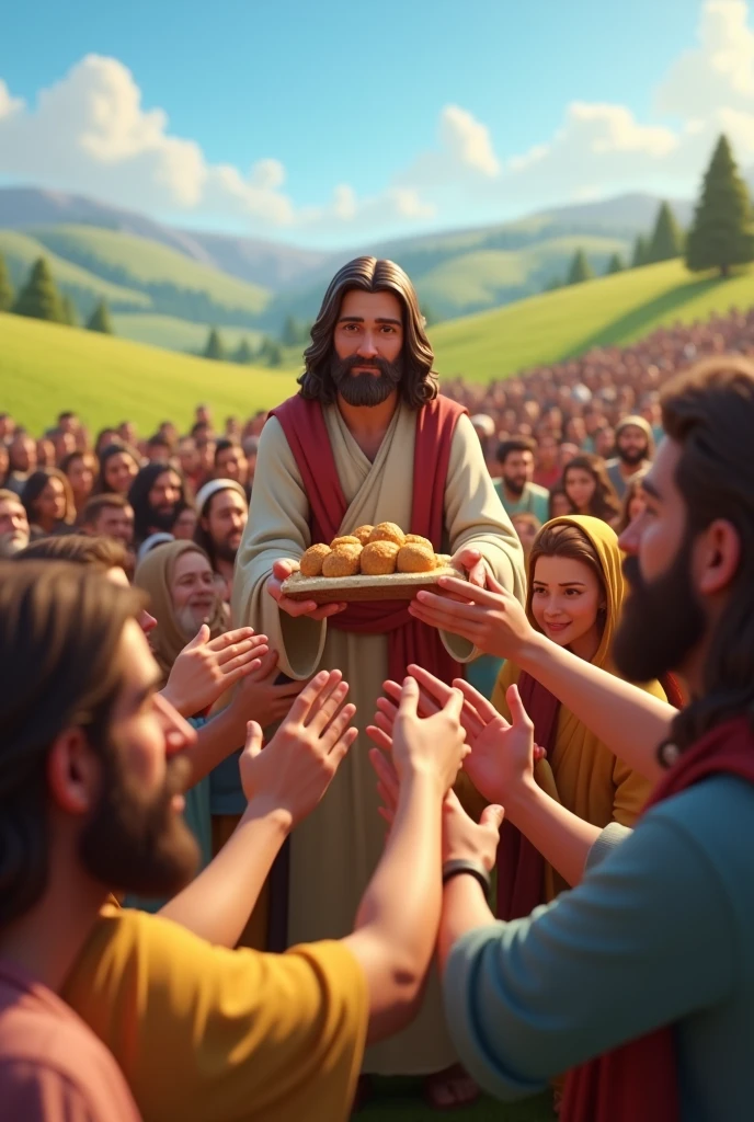 Animated image of Jesus distributing the five loaves and the two small fish to the crowd of people