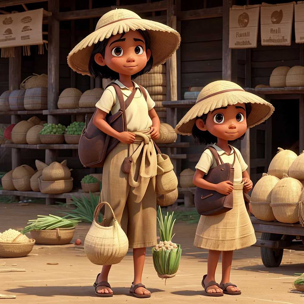 a group of Filipino farmers carrying sacks of rice poor and sad full body