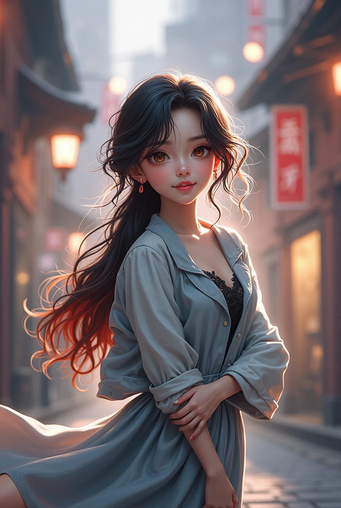 Short girl,her hair is black,wavy and long with some red highlights ,Her eyes are almond-colored,her body type is hourglass, his skin a light brown