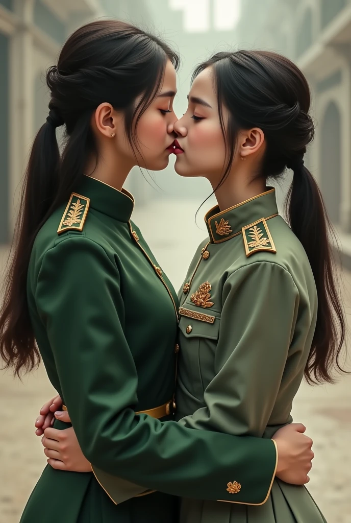 Chinese girl in Pakistani army dress and kissing her sister