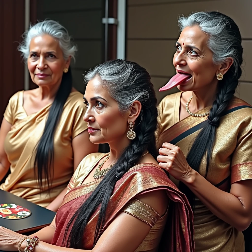 in luxerius office items sorrounded bright lighted modern indian office,A 40 years old mature french lady and two 60 years old eldery indian ladies,total 3 ladies involving and licking their hairs of each others wildly,First 40 years old mature french lady seated to the viewer' side,Other 2 eldery indian ladies hardly and wildly licking seated french lady' cheecks comming one by one from both sides bending to seated french lady,These eldery 2 indian ladies as wild hair fetishes their tongues are playong with french lady as wild as wild extremely showing,these three ladies are dressed in sarees as per image,all three of them,with their hairs respectively colors for the french mature lady and indian eldery ladies hairs in as per image prompt,((((Their long,hairs styled by Vernon François hairs as per image shining since wet their hairs)))),red lipsstick,natural tongues pulled out,licking the french lady' cheecks by elderies like french lady is being raped excat in image,These all three ladies' faces are with showing full of sexual wildness showing out from their faces exact as in image prompt,Their eyes are fullfill with sexual wildness with raping hairs as per the imahe prompt,(Show me their tongues,long tongues:0.6) ,slick combed hair lines highly visible,{{{{Ladies wears perfect dresses in perfect busty}}}},{{{{{NSFW}}}}},{{{{{{Hairs highly soaked}}}}}},{{{Hairs Drenched in water}}}}},{{{slick combed hair lines}}}},{{{{Hairlines reflecting shinning like mirrors with water}},{{{{{Showcase full bodies perfect figures}}}}},{{{{{High resolution perfecr color grading}}}}}},{{{Perfect hairstyles on all three ladies exactly in image prompt}}}}}}},((((((Generate ethnicity as detailed sexy build ladies))))))),((((((Generate wildness poses where shows the wildness in ages of the sexually wildness and extremly extremly wildness in to hair licking by their tongues exatly as image prompt if someone sees this should get errected)))),