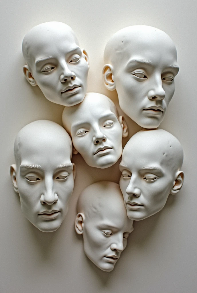 Expressionist artwork images of multiple floating ceramic heads of white men, 3d collage style, make it weird and gallery worthy