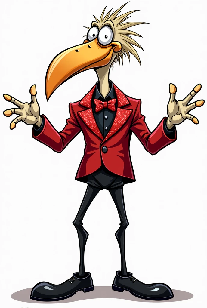 cartoon heron dressed like WWE wrestling manager Bobby the brain Heenan.

cartoon heron head. Heron hands. 

Blonde hair. Old and fragile. Sparkly red suit. Black dress shirt. Sparkly red bowtie. Back pants. Black dress shoes.