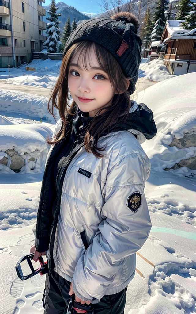 Best Quality、masterpiece、Very detailed、beautiful、cute、Cowboy Shots、 1 person、Snowboard Girl、Snowfield、Ski Goggles、Knitted hat、Snowboarding Wear、sunny、beautiful雪山の景色