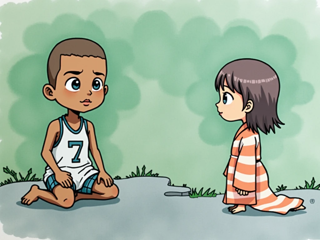 1980s retro hand drawn ink. A small black boy named Greg Burke kneeling on concrete with short close crop shaved hair, in an all-white number seven sports jersey, loose-fitting plaid cotton boxers shorts and a Japanese small girl named Ikari Yu with medium length brown hair wearing an orange stripe kimono.