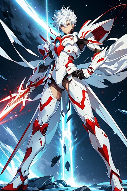 a male in a white and red outfit holding a sword, this character has cryokinesis, humanoid form, ferra white mecha, glamorous angewoman digimon, gainax anime style, knights of zodiac boy, in opal armor, full body zenkai! asuka suit, white metal neocubism armor, koda kazuma, streamlined white armor