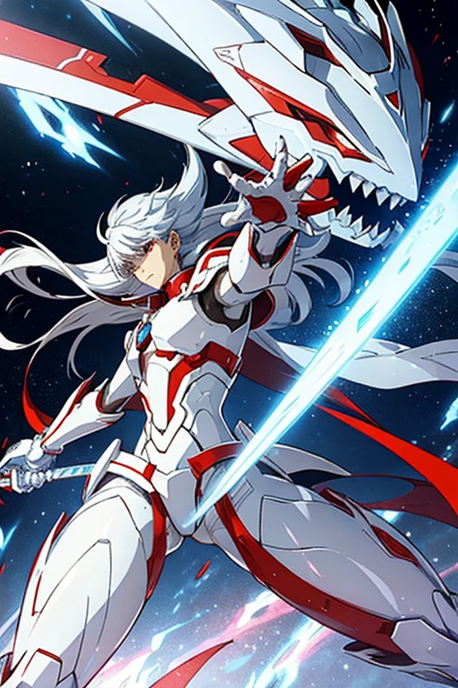 a male in a white and red outfit holding a sword, this character has cryokinesis, humanoid form, ferra white mecha, glamorous angewoman digimon, gainax anime style, knights of zodiac boy, in opal armor, full body zenkai! asuka suit, white metal neocubism armor, koda kazuma, streamlined white armor
