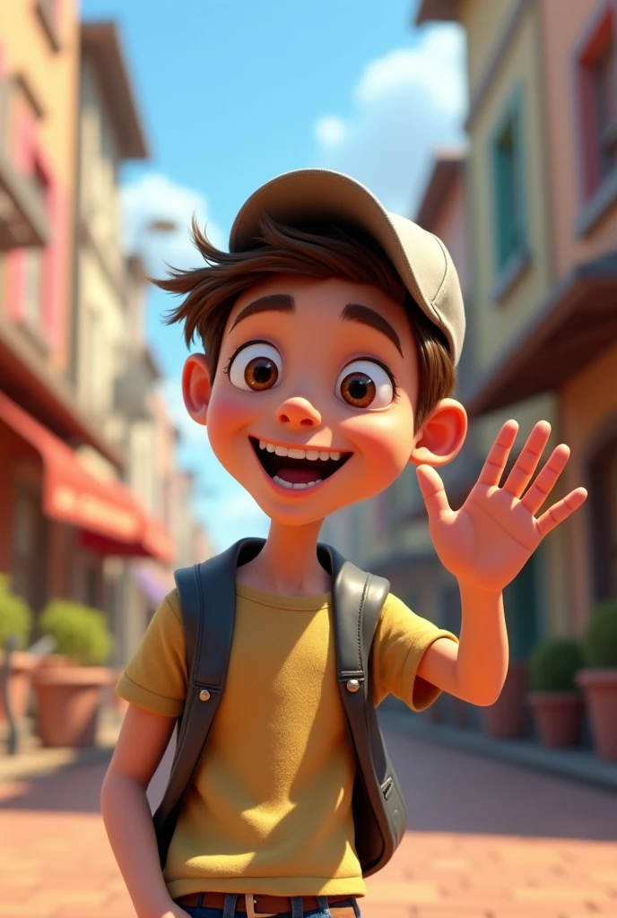 A 2 Pixar-style young man with a cap on backwards waving, only half of his body visible 