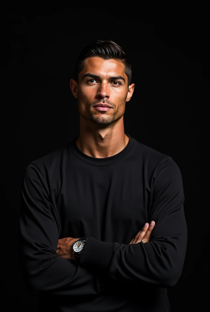 *Portrait en Studio* :
"Un portrait élégant de Cristiano Ronaldo en tenue décontractée, avec un fond noir. Il a une expression confiante, regardant directement l'objectif. Mots clés : Cristiano Ronaldo, portrait, élégant, confiant, studio."