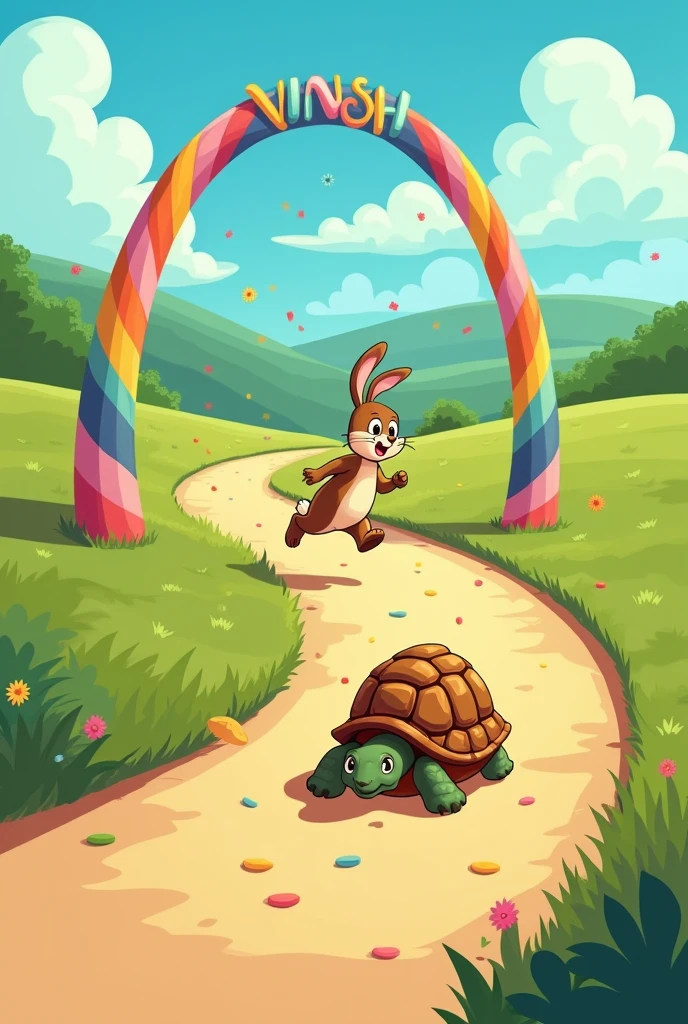 Create animated cartoon cute The Finish Line
When the Hare woke up, he saw the Tortoise was close to the finish line! He ran as fast as he could, but it was too late. The Tortoise crossed the finish line and won the race!. 