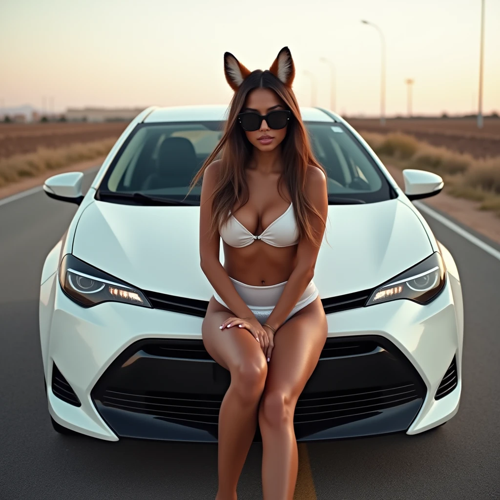 Latin woman, 21 years, athletic body, White skin, Brown hair, huge breasts, huge buttocks, athletic legs, open legs, dark sunglasses, nude, tennis Nike, fox ears, sitting on the hood of a white 2016 Toyota Corolla car, in the middle of a deserted road, Photo taken with Canon EOS 5DS