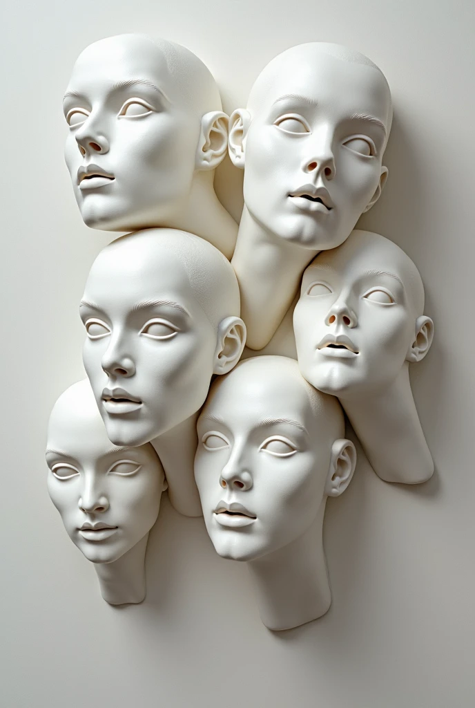 Expressionist artwork images of multiple floating ceramic heads of white women, 3d collage style, make it weird and gallery worthy