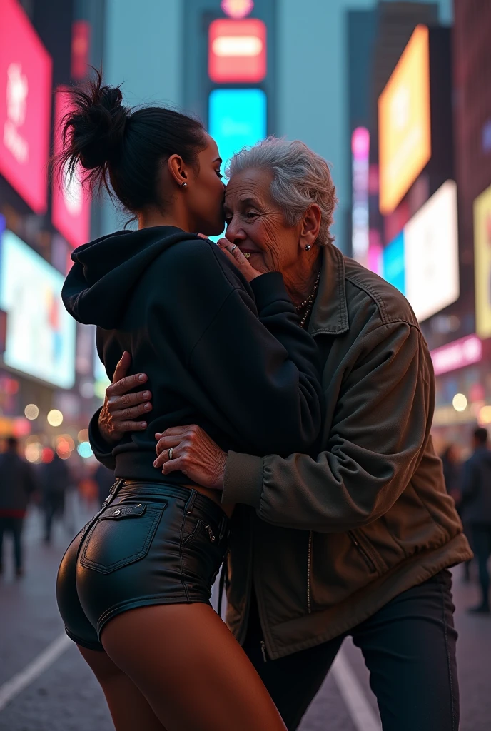 black woman hair in a bun black hoodie black leather short shorts bent over and old woman humping her bump time square new york city