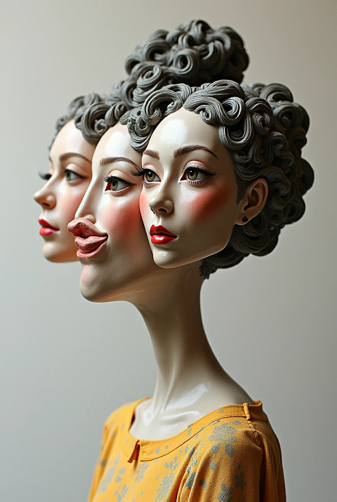 Expressionist artwork images of multiple floating ceramic heads of french women, 3d collage style, make it weird and gallery worthy