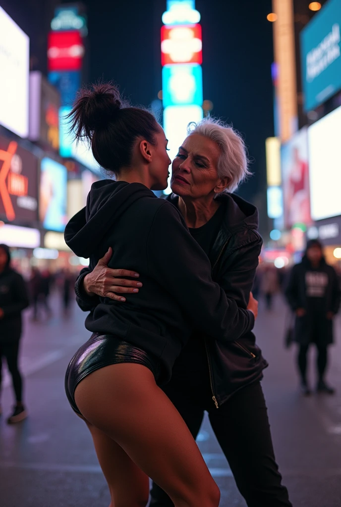 black woman hair in a bun black hoodie black leather short shorts bent over and old woman humping her bump time square new york city
