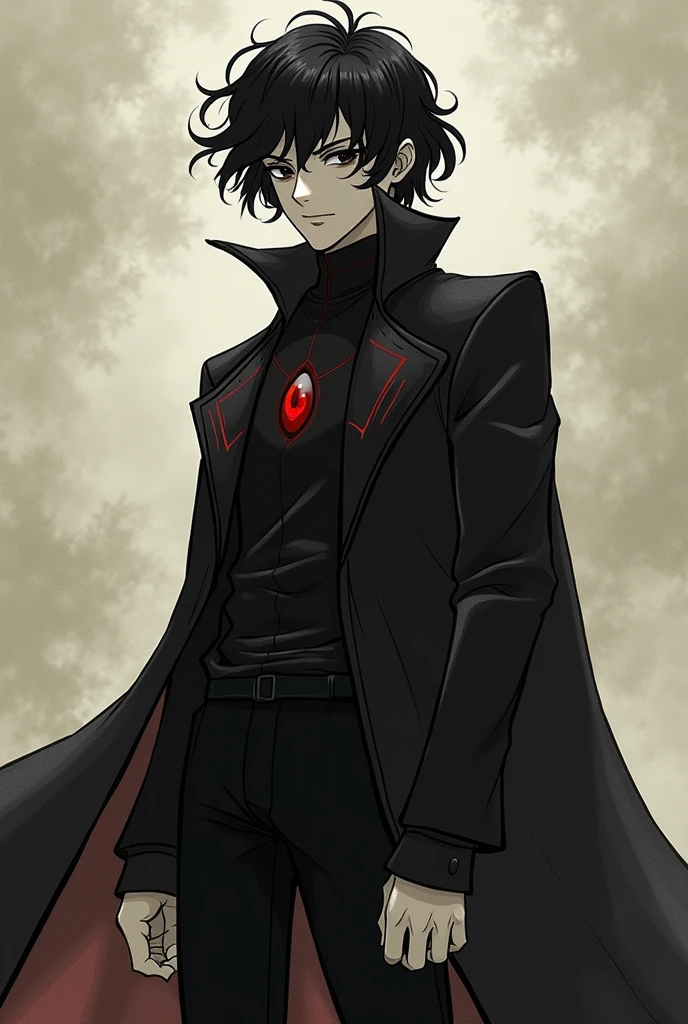 A berserk-style character, Trans man, shorth hair, but at neck height, he is very effeminate, He has 1,50 tall, dark eyes and black hair and he wears an overcoat, mid curly hair, on the chest part of the coat there is a little red eye on the coat, It&#39;s just like a symbol