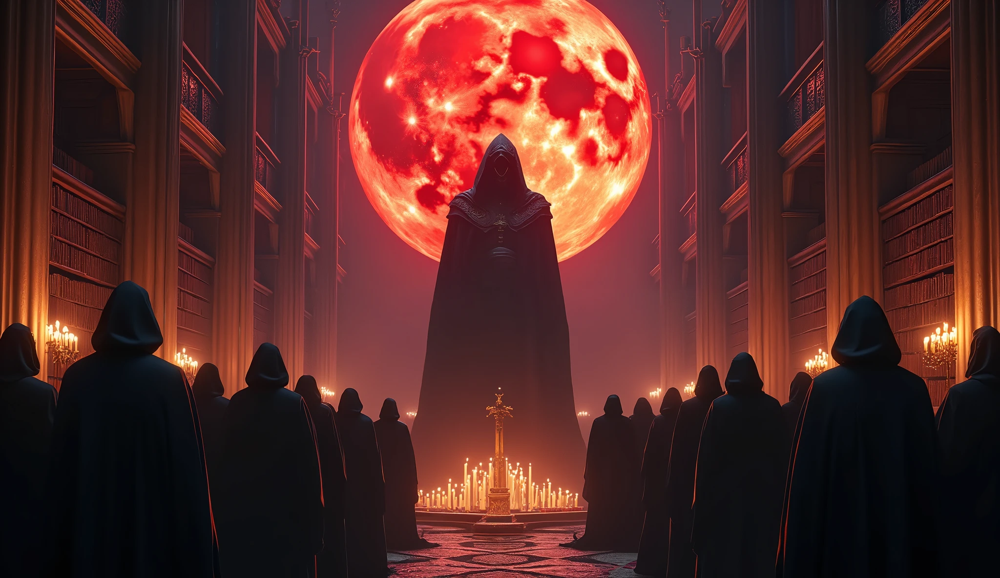 8k、 big red moon   ,zoom up(number々の賞を受賞したmasterpiece、Incredible detail、Texture、Maximum details),purple flame candle, (summoning magic),(The moonlight at night is beautiful), (Demon King&#39;s Castle),(dark organization)arafed image of a group of people in a church with candles,lit candle, dark cinematic concept art, elegant cinematic fantasy art, photorealistic dark concept art, by Beeple, dark robes, wojtek fus, gothic epic library concept, gothic epic library, epic cinematic concept art, dark concept art, Beeple and mike winkelmann, symmetrical epic fantasy art, High resolution, masterpiece, Highest quality, Intricate details, Very detailed, Clear focus, practical skin texture, texture,  Shot with Canon, 85mm, Shallow and deep, Kodak Vision Color, Exactly, Very detailed, photograph_\(Extremist\), photographpractical, practical, Post-processing, Maximum details, Roughness, Real Life, Extremist practical, Photorealism, photographgraphy, 8K Ultra HD, photographgraphy
