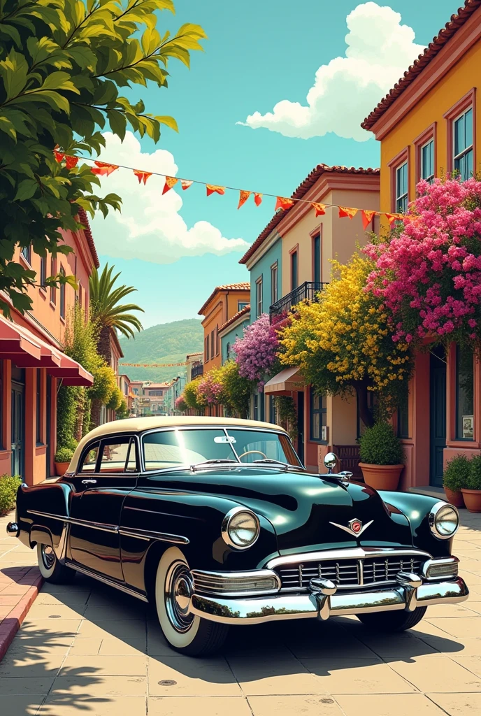 Black vintage car on a 70s street with flowers, colourful drawing 