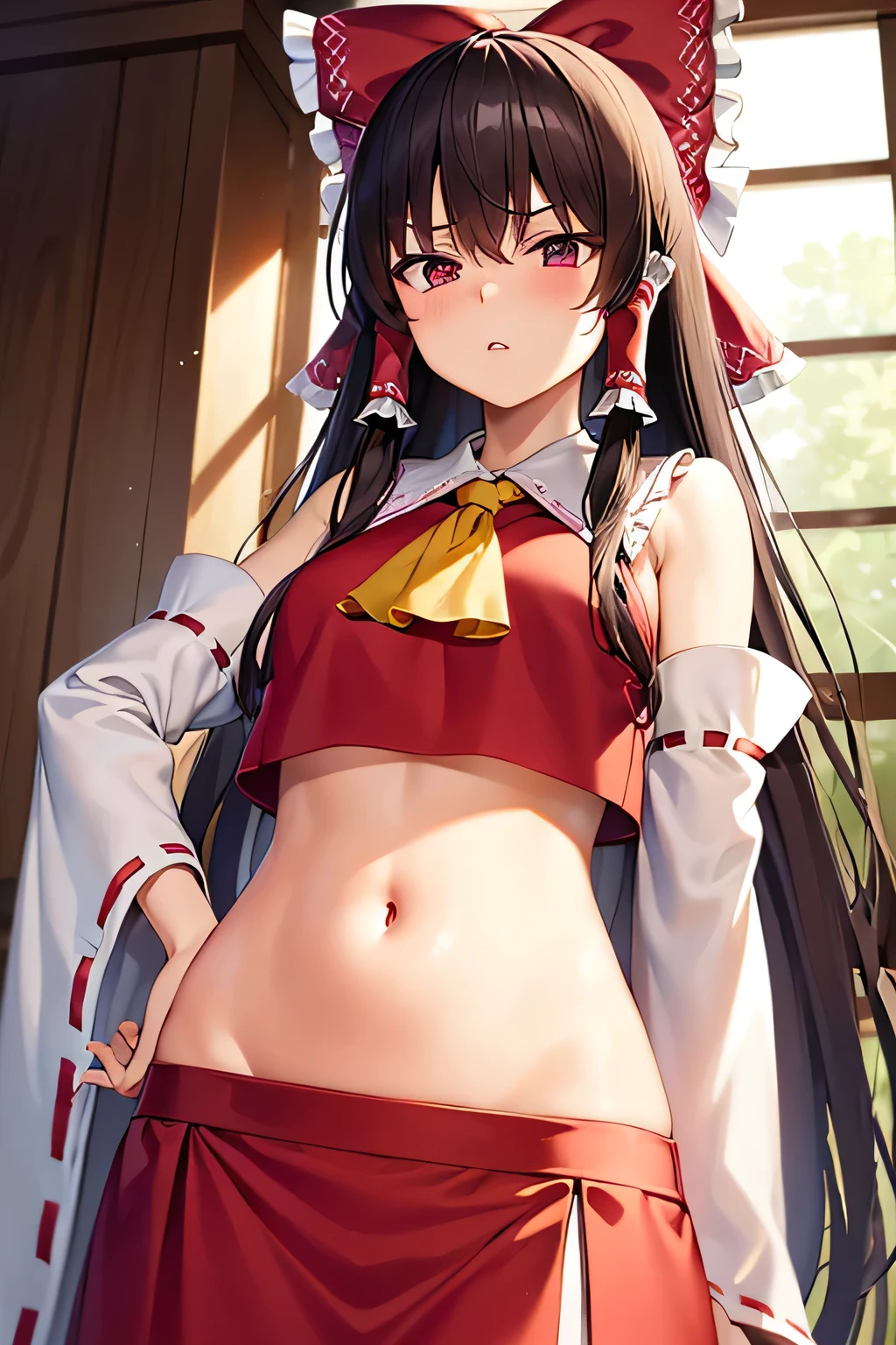 super fine illustration, vibrant colors, masterpiece, sharp focus, best quality, depth of field, cinematic lighting, ultra detailed, belly, belly button, bellybutton, navel, tummy, shrine maiden, hakurei reimu, 1girl, hair bow, ascot, hair tubes, detached sleeves, looking down, red shirt, red skirt, long skirt, very long hair, dark brown hair, mature woman, hakurei reimu, 1girl, hair bow, ascot, hair tubes, miko, detached sleeves, Reimu Hakurei, annoyed, indoors, chestnut mouth, parted lips, midriff, wide hips, stomach, ear_cleaner, mimikaki