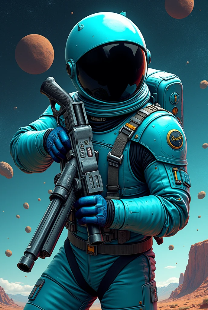 Man Astronaut with black helmet and cyan suite with a revolver full body and space background 2 dimensions style 