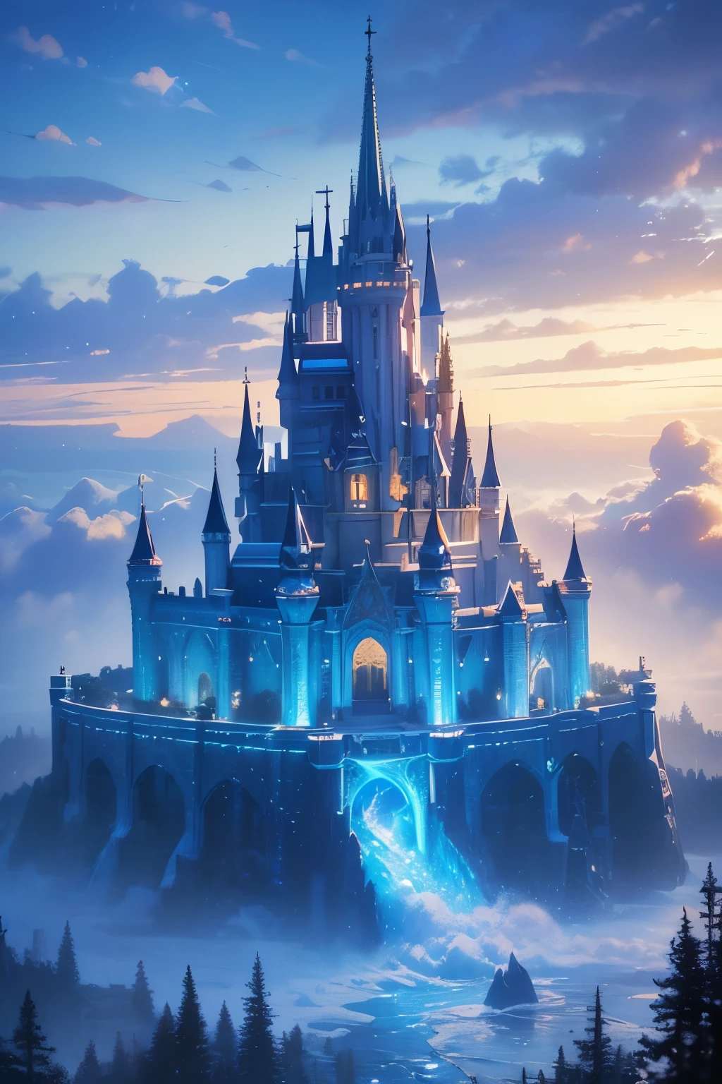 (magical pretty null blue stream overlay scene), (null), (cloud), Soft lighting, Clean background, beautiful null scenery, masterpiece, high quality, Beautiful graphics, High detail,By Thomas Kinkade, Art Station, Sharp focus, Inspiring 8k wallpapers, floating castle in the sky