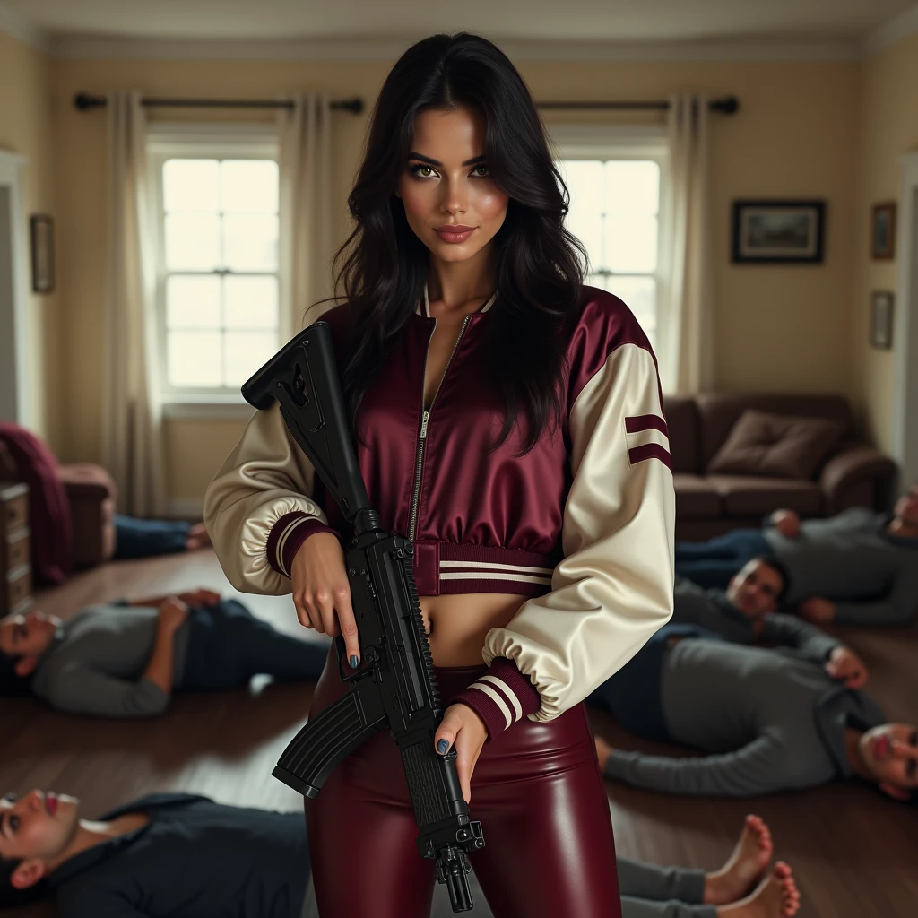 wide depth of field, wide depth of focus, f/11 lens setting, all objects in focus, full color image, raven haired woman with ak47, holding ak47 rifle, large living room, full body image, (two tone maroon and white short cropped soft shiny satin bomber jacket with stripe down sleeve), zipped up jacket, shiny satin leggings, woman posing with am ak47 rifle, long beautiful hair, confidant smile, pure form, intricate details, 8K post-production, high resolution, super detailed, Popular topics on Artstation,, Studio photos, intricate details, Very detailed, she stands in the middle of the room and she is surrounded by defeated men laying unconscious with closed eyes on the floor