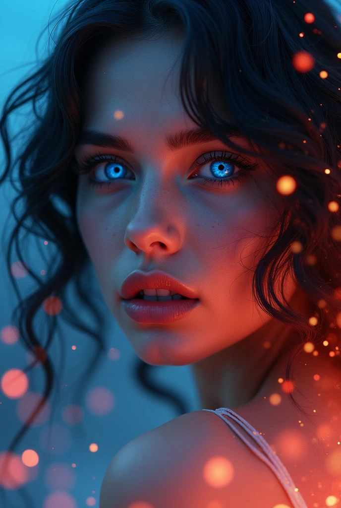 HD photo, INTENSE SAPPHIRE SKY BLUE EYES just the face of a beautiful Russian woman like Aphrodite, with black hair in waves and sapphire blue eyes as clear as the sky, SAPPHIRE BLUE EYES STAND OUT, with red and blue glow on the face, Looking forward in profile, that only his face is seen, In the background a beautiful place in red flames with red flashes, daylight glow, with shine in the air, LET YOUR EYES BE THE MOST IMPORTANT THING AND THE ONLY THING THE IMAGE FOCUS ON