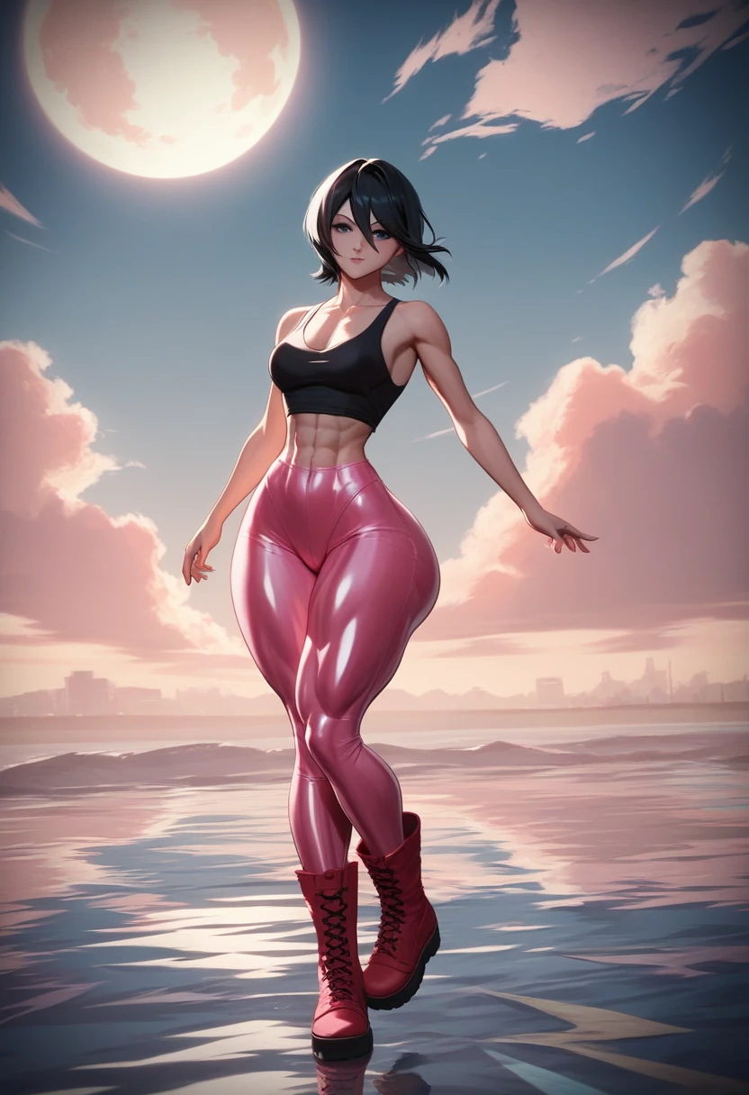 kuchiki rukia, punk, black hair, sexy, red leather ankle boots, black vynil tank top, holographic pvc jacket, pink latex legwear, sun, moon, reflections, clouds, waves, woods, otherworldy, weather, 4k, big hips, massive butt, slender, skinny, tight body, trim little waist, narrow small waist, looking at the horizon, tokyo, bodybuilder supermodel feminine and muscular, shredded, futuristic, dark bedroom, keylighting