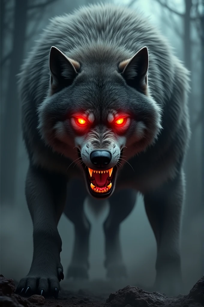 A wolf and red eyes and angry