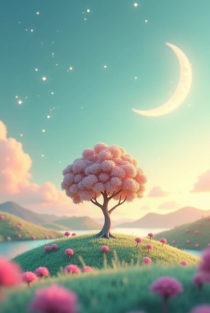 I want a wallpaper: A landscape with stars, a moon, tree and flowers, in the late afternoon. Pink and light green. animated cartoon/3d.