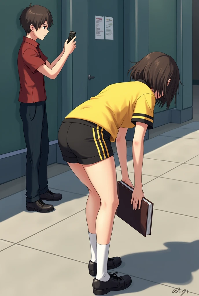 1 girl with almost short hair wearing a yellow short-sleeved uniform shirt with black stripes on the shoulders and short black shorts with yellow stripes on the sides and made of synthetic material and she drops her books and bends down to pick them up and she looks good assed and sexy and a boy looks at her sexily and comes and takes a picture of her butt from below and she looks good assed and sexy