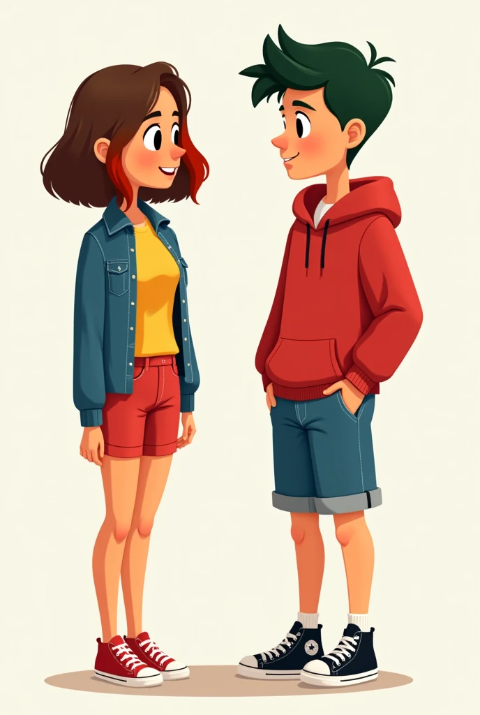 Create an image (fanart) of two cartoon characters. The two characters are from the cartoon "Paper Port". Create an image de casal de Matilde e Carlos. They are 20 years old. Matilde has a light warm skin color., light eye, brown bob hair with red highlights, yellow and blue. She wears a yellow blouse, a red cycling shorts, a denim jacket and sneakers. Carlos has a light warm skin color., just a little darker than Matilde's, his hair is short and green, his eye is black, he wears a red sweatshirt with denim shorts and black ALL star. Make them more mature and taller