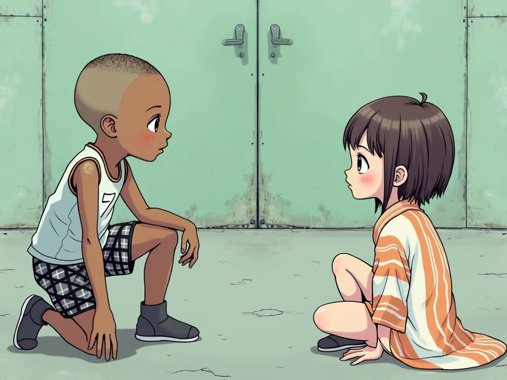 1980s retro hand drawn ink. A  black boy named Greg Burke kneeling on concrete with short close crop shaved hair, in an all-white number seven sports jersey, loose-fitting plaid cotton boxers shorts and a Japanese small named Ikari Yu with medium length brown hair wearing an orange stripe kimono.