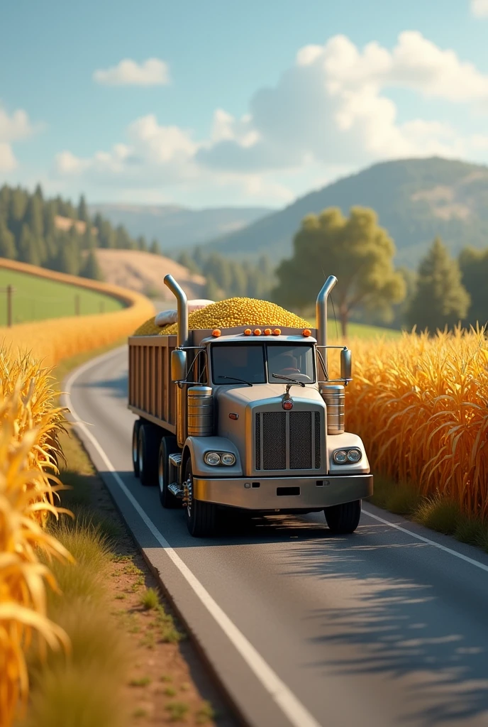 A truck on the road carrying bags of corn 3d animation