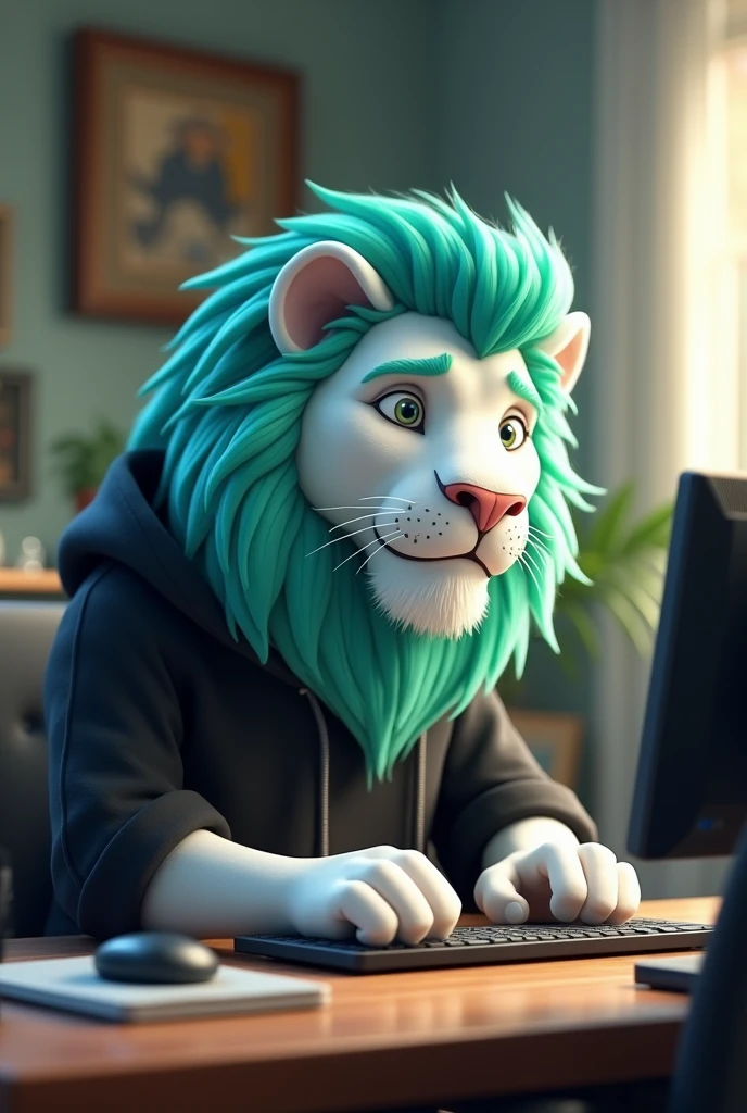 Pixar-style white lion with aquamarine green mane wearing a black hoodie working on a computer
