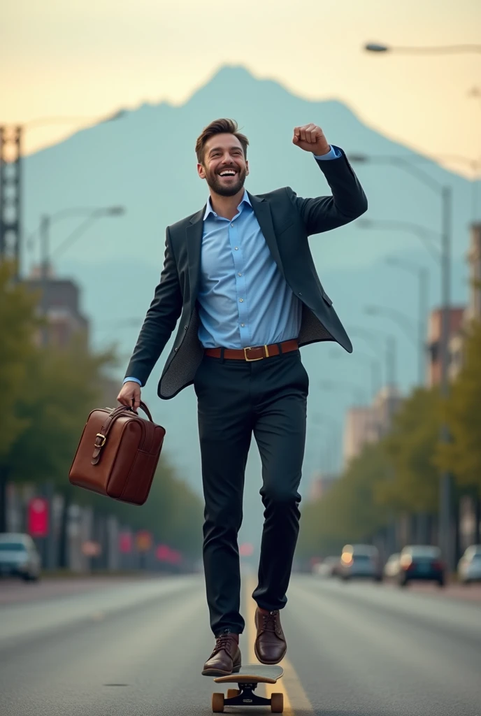 A real businessman (full body), he smiles, his left hand holds the bag (high quality),He is wearing a blue shirt and black pants, he is playing skateboard(dynamic pose) in the middle of the road, around, have a mountain in the background .at the morning (cinematic lighting)