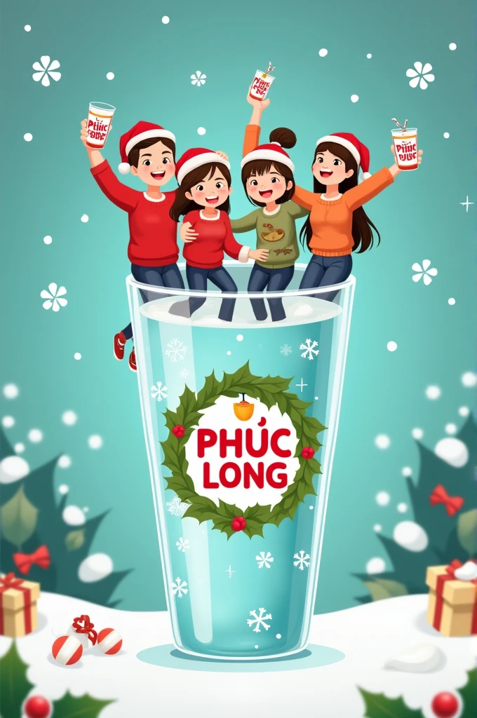 On the glass of water is the Phuc Long logo, There is a cartoon image of friends gathering together and holding glasses of water with the Phuc Long logo to drink.. Christmas theme cup background.