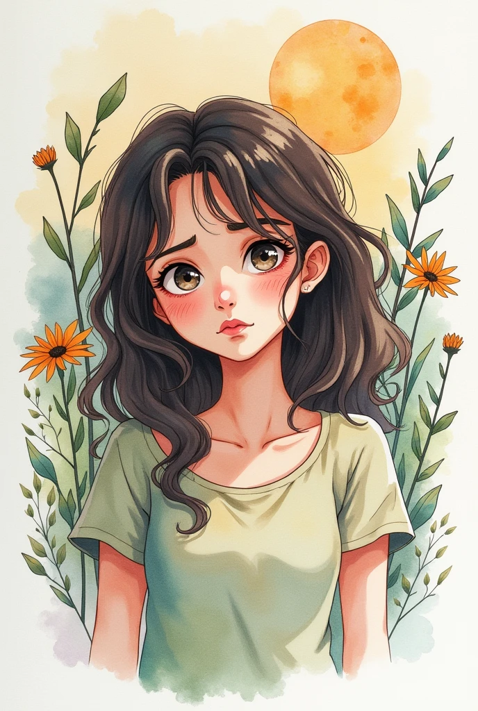 I want a drawing watercolor of a girl stressed