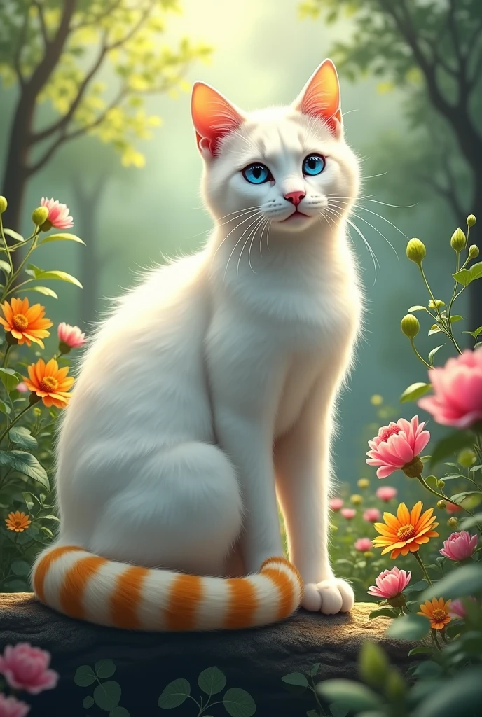 cat white, striped yellow tail, blue colored eyes, in majestic position, looking at side, in a forest with green grass, colorful flowers and a ray of sunshine over the place, in realistic image.